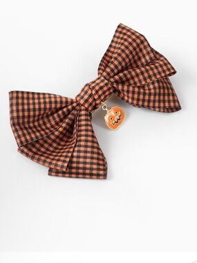 Orange and Black Plaid Halloween Hair Bow with Jack-O'-Lantern Charm